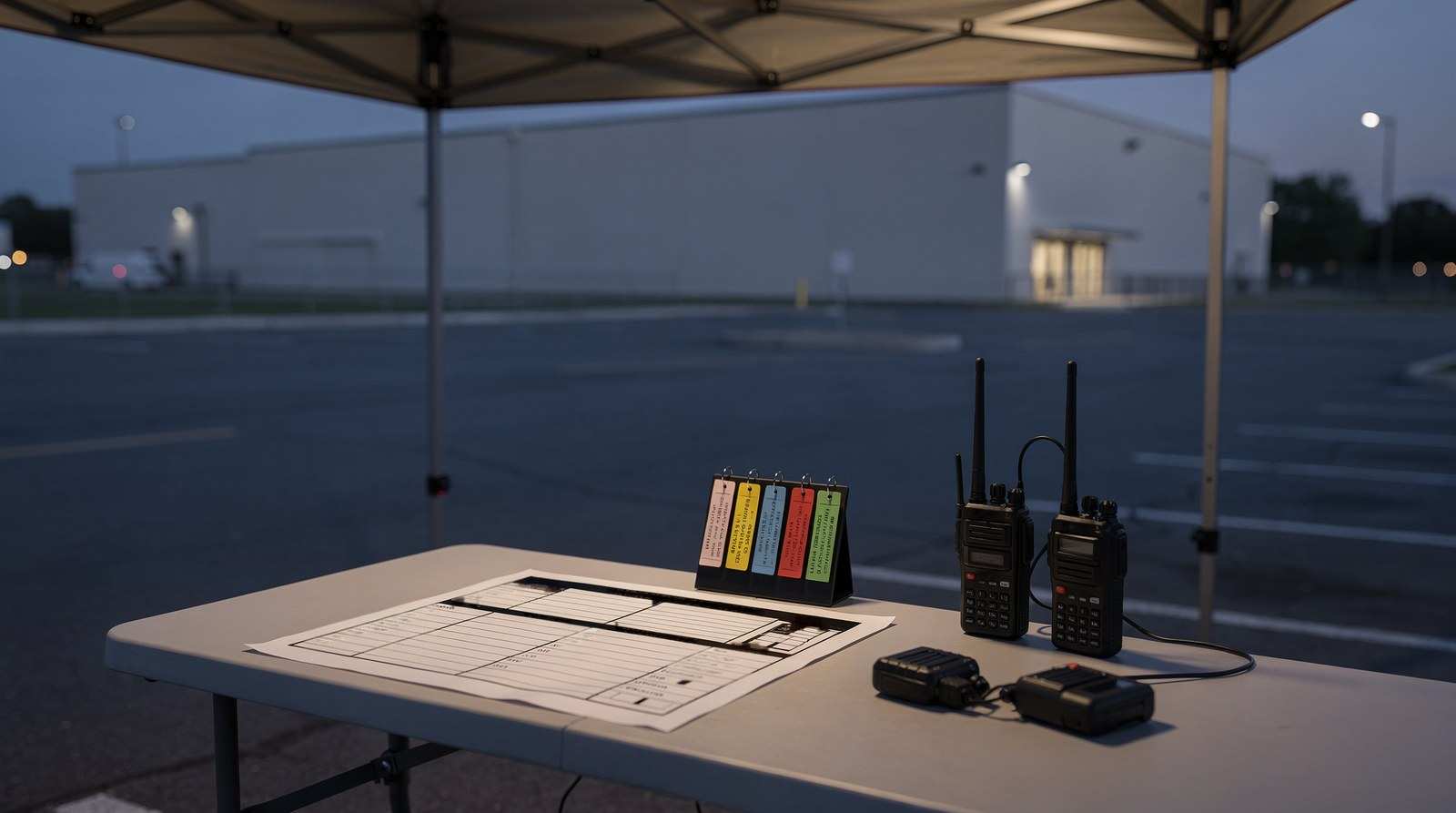 A folding command table under a canopy at dusk holds a blank tactical worksheet, a stand of colored accountability tags and two radios, with a large windowless commercial building out of focus behind it.