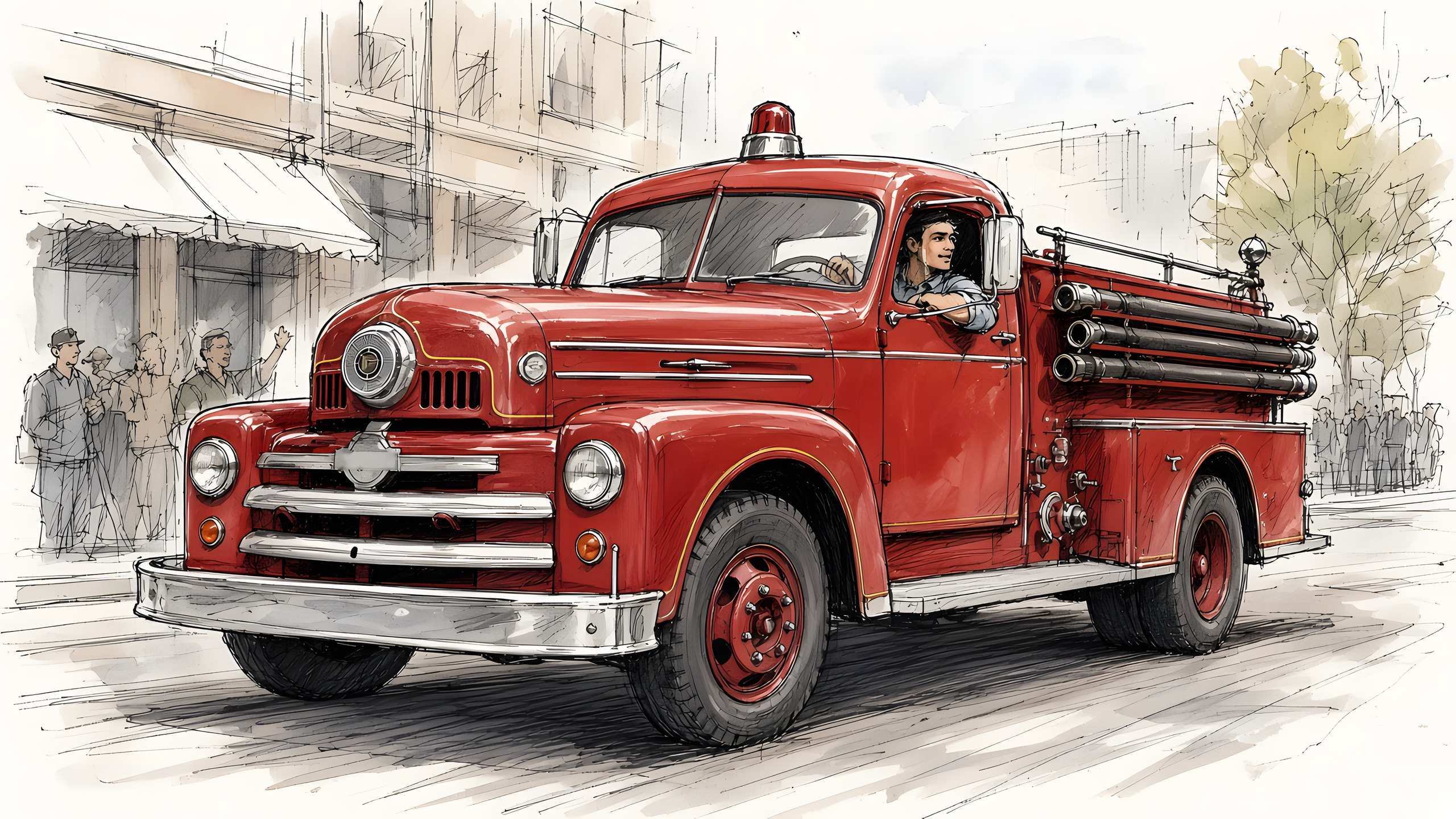 Ink-and-wash illustration of a red vintage fire engine with a long hood, chrome grille and bumper, a red beacon on the cab roof and hose racked along its side, driven down a street past a small crowd of waving onlookers.