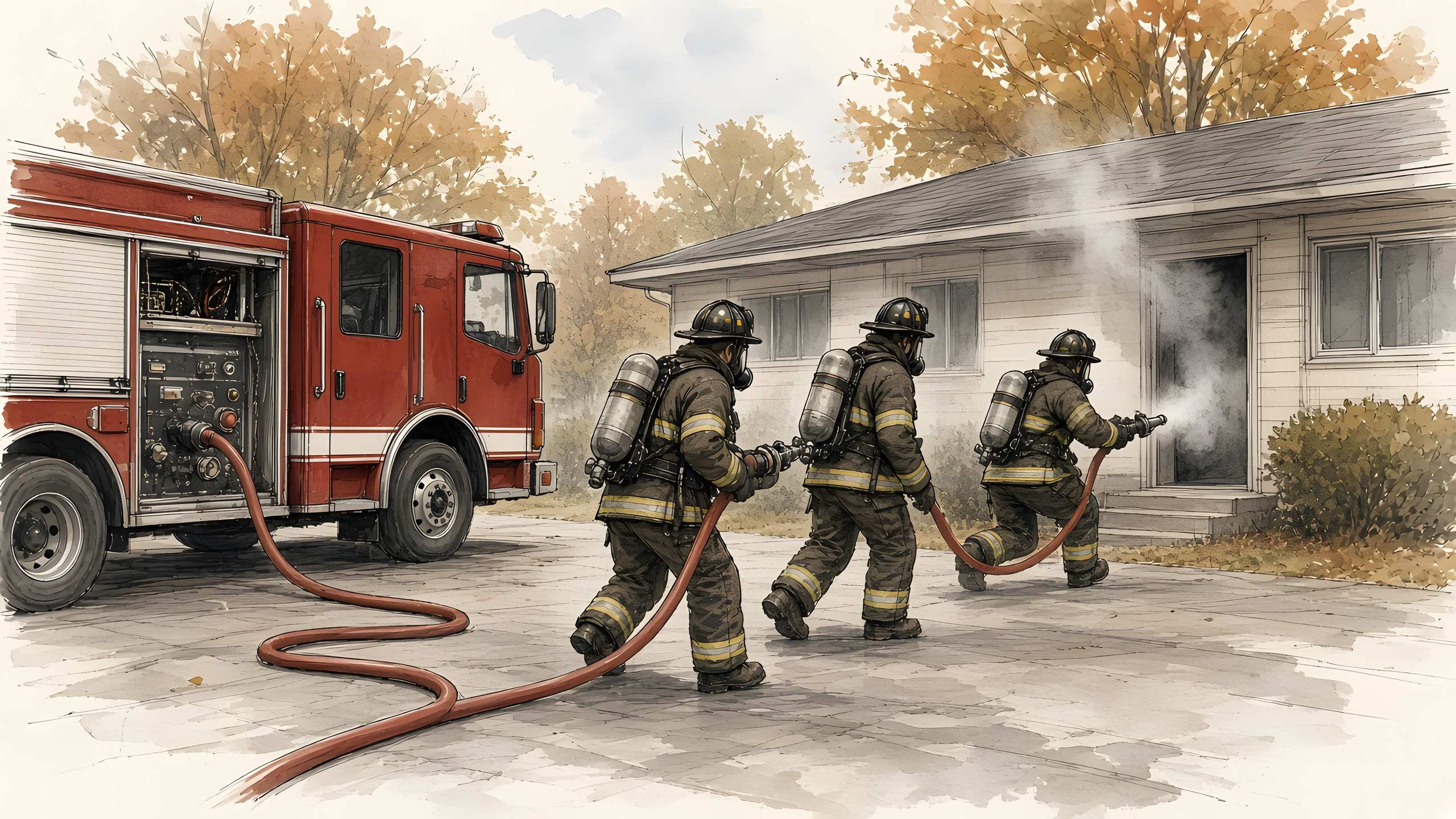 Ink-and-wash illustration of three firefighters in turnout gear and breathing apparatus advancing a charged hose line from the pump panel of a red engine toward the open front door of a single-story house, with light smoke drifting from the doorway and autumn trees behind.