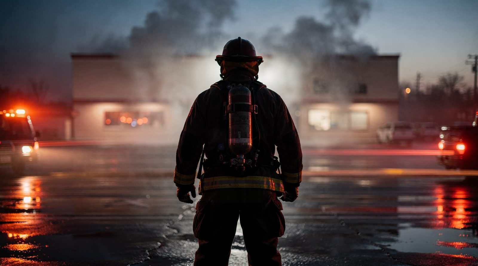 A firefighter seen from behind, in turnout gear and breathing apparatus, stands on wet pavement facing a smoky commercial building at dusk.