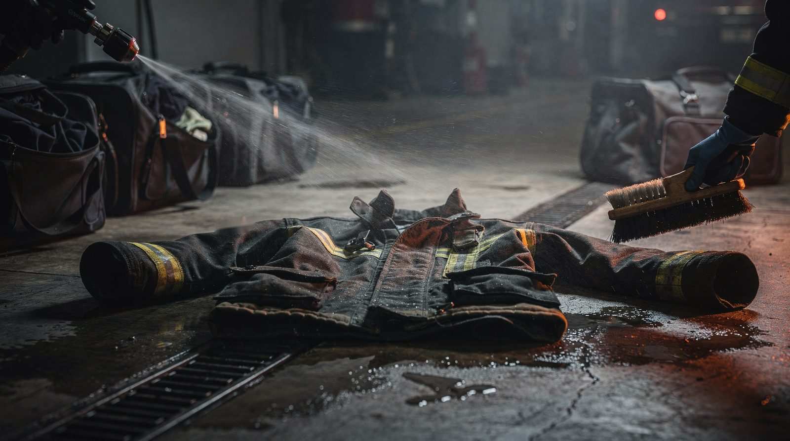 A soot-stained turnout coat lies on a wet apparatus-bay floor while a low-pressure hose sprays and a gloved hand holds a scrub brush, with gear bags nearby.