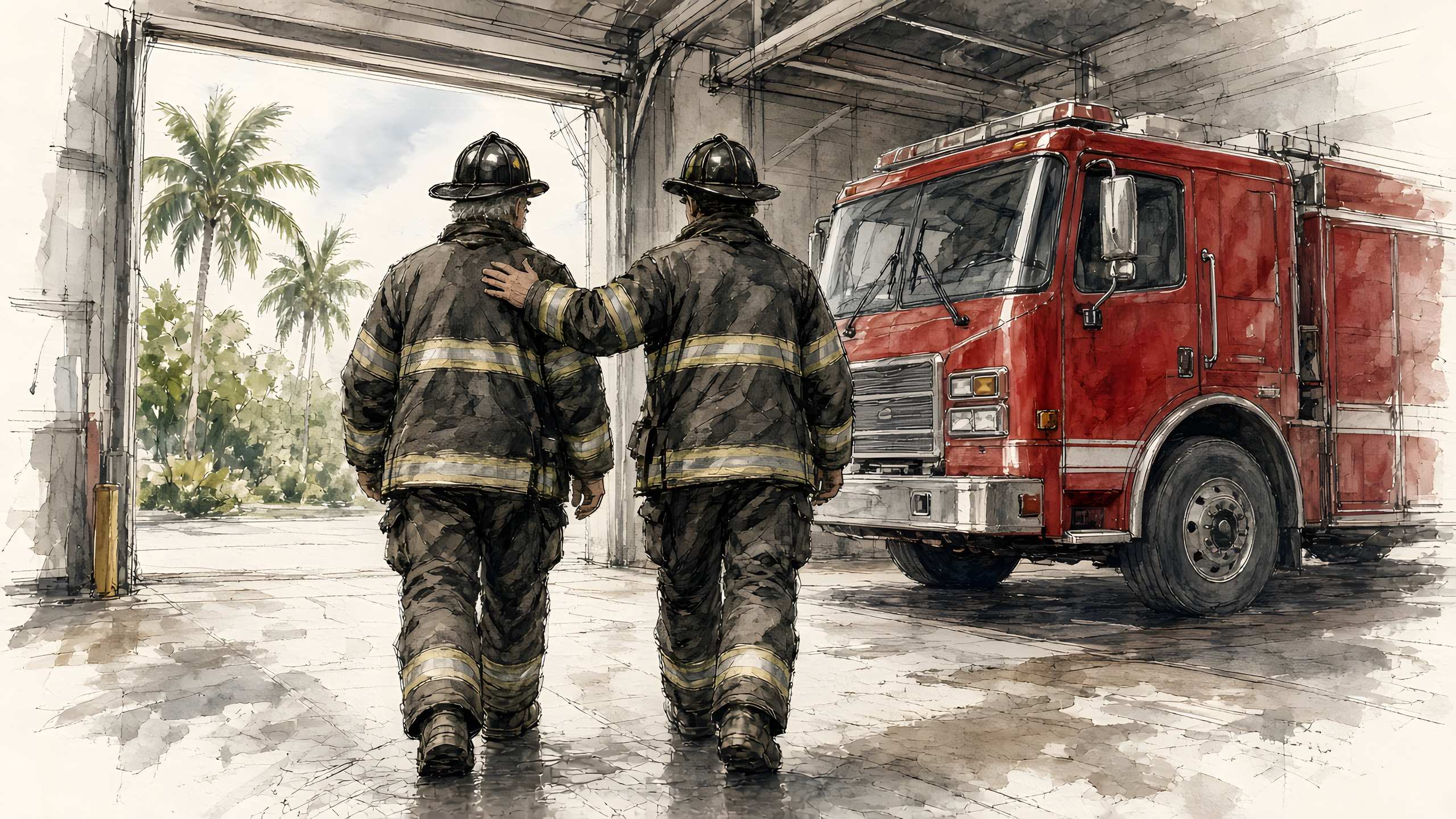 Ink-and-wash illustration of two firefighters in turnout gear and helmets, seen from behind, walking side by side across a wet apparatus bay floor toward an open bay door and palm trees, one with a hand on the other's shoulder, beside a parked red fire engine.