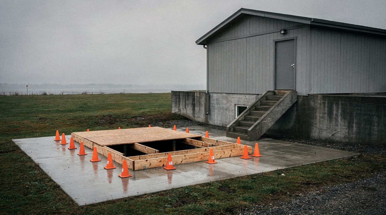 A plywood floor-collapse training platform with a rectangular opening, ringed by cones, beside a grey training building with an exterior stair to a lower door, under an overcast sky.
