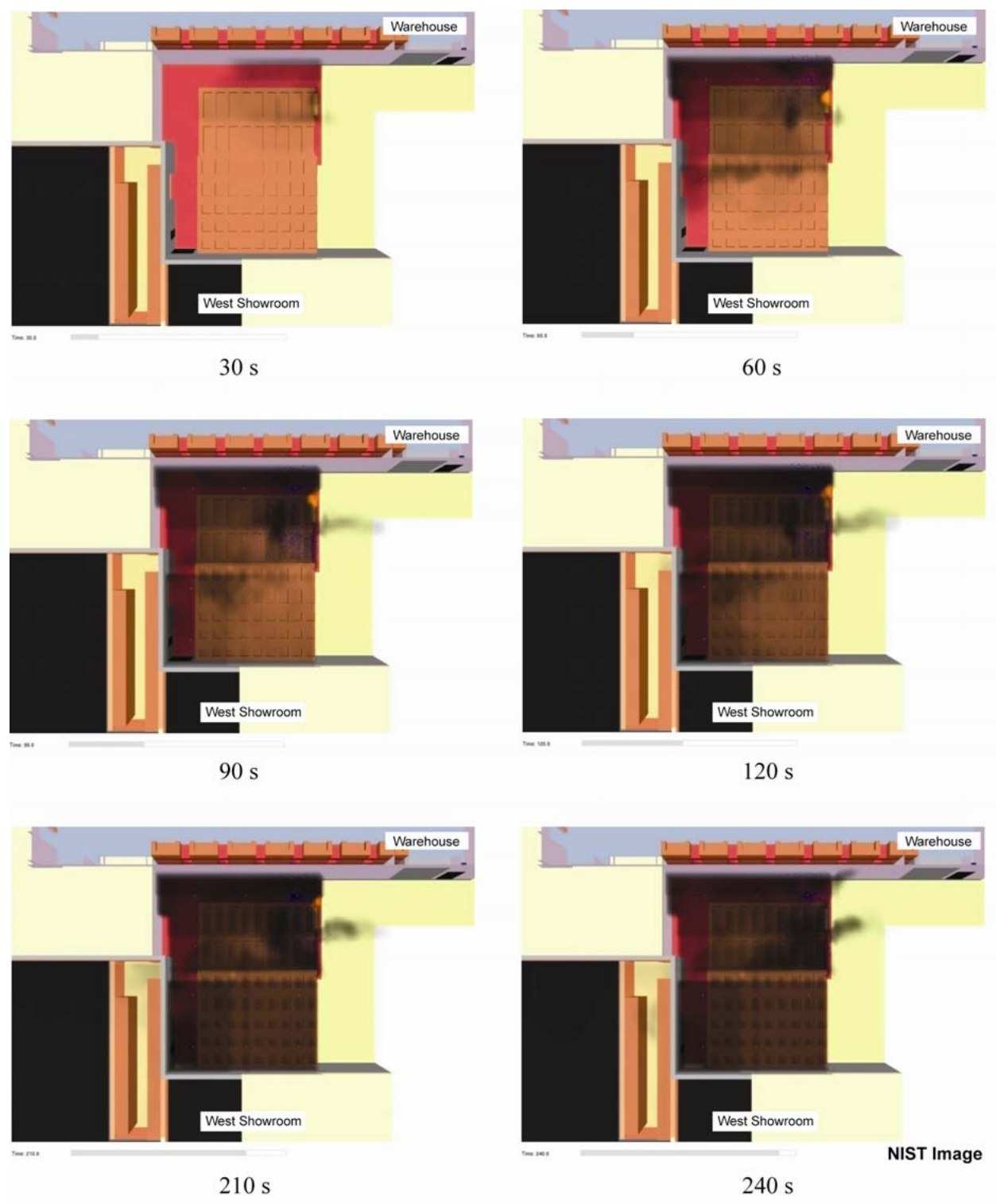 Six overhead model frames from 30 to 240 seconds showing fire and smoke progression in the loading dock when sprinklers are included.