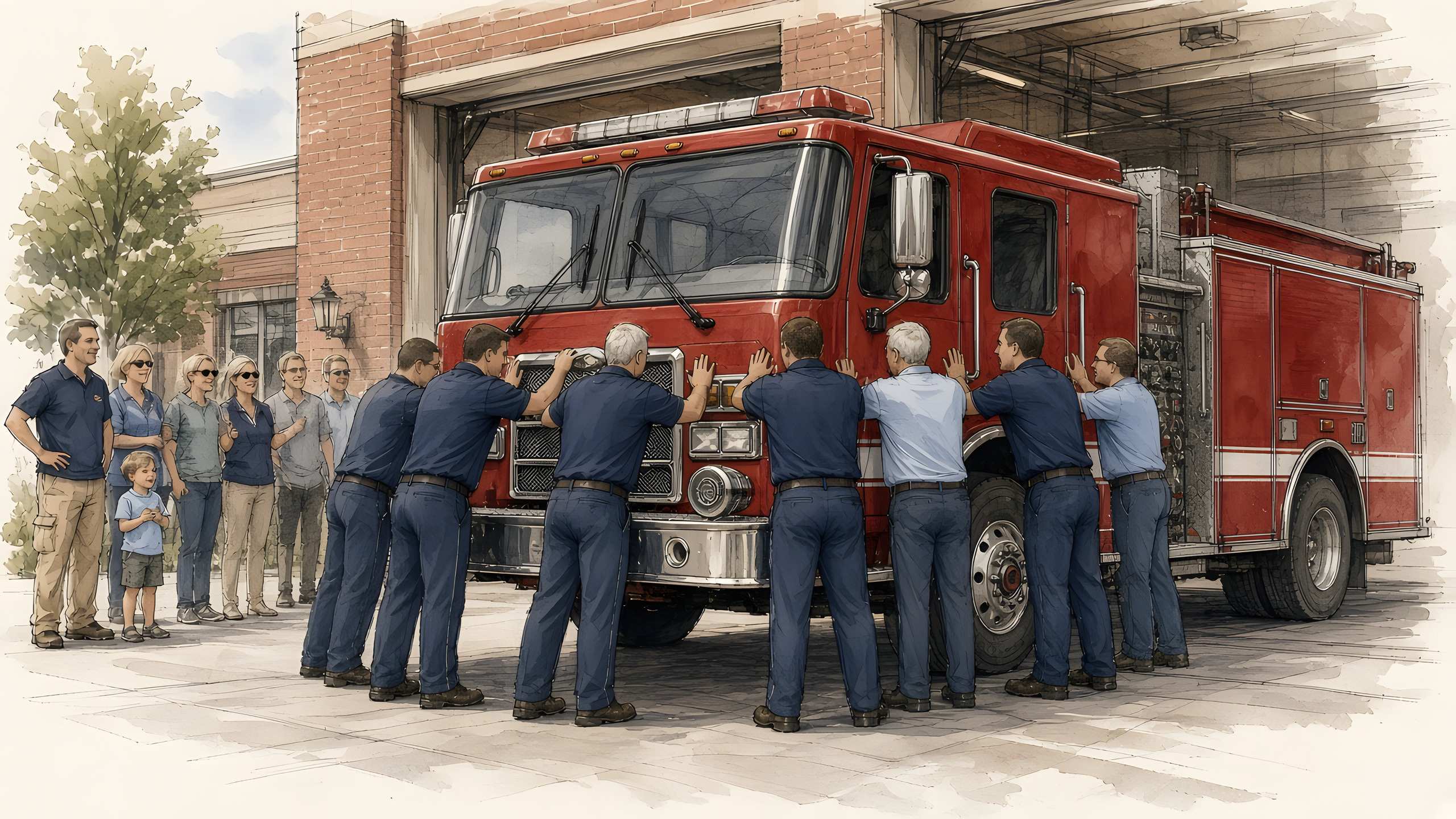 Ink-and-wash illustration of firefighters in navy uniform shirts pushing a new red fire engine back into the bay of a brick fire station while families and a small child watch from the side.