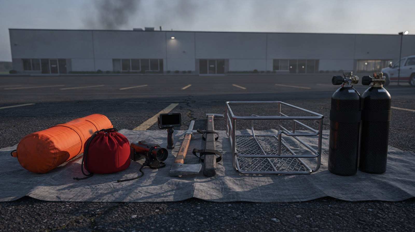 Computer rendering of rescue tools on a tarp in a parking lot at dusk: an orange air bag, a red rope bag, a thermal imaging camera, a strapped axe and pry bar, a wire rescue basket and two air cylinders, with light smoke behind a large commercial building.