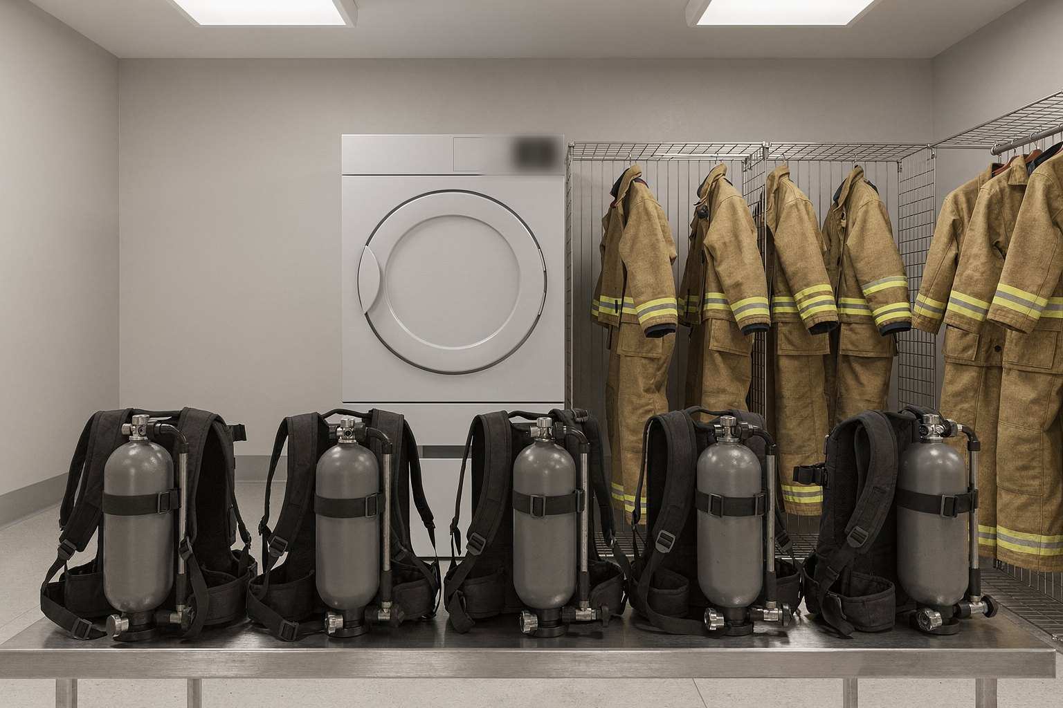 A clean gear room with turnouts on wire racks, SCBA packs lined up on a stainless steel bench and a front-load washer-extractor.