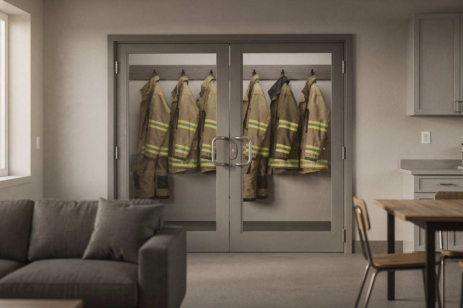 Turnout coats hanging in a closed gear room behind glass doors, seen from a station living area with a couch and kitchen table.