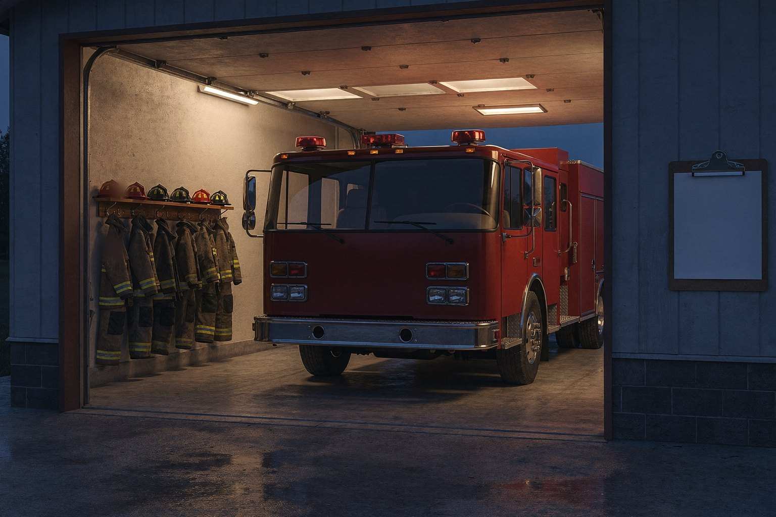A small volunteer station bay at dusk with its door open, one unmarked engine inside, turnout gear on wall hooks and a blank clipboard by the door.
