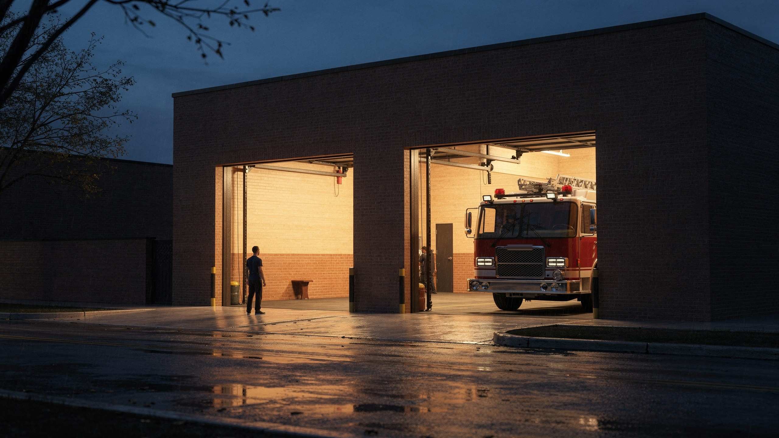 A two-bay brick fire station at dusk, both bay doors open and warm light spilling onto the wet apron, a red engine in the right bay and a lone firefighter standing in the left bay.
