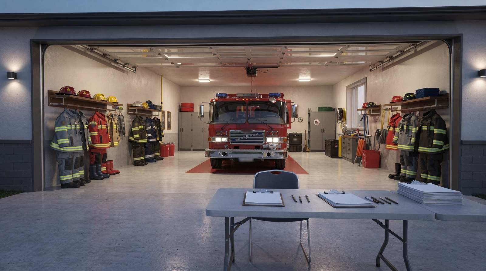 Computer rendering of a small volunteer fire station at early evening with its bay doors open, a pumper and racks of turnout gear inside, and a table of blank sign-up clipboards by the door.